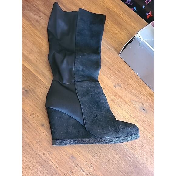 Lane Bryant Black Fabric Knee High Wedge Boots Size 12 - Picture 4 of 9